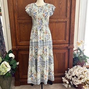 August Sky Floral Empire Waist Flutter Sleeve Smocked Bodice Tiered Maxi Size M
